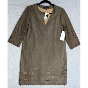 $148 Karen Kane Shift Dress L Faux Suede Eyelet Brown 3/4 Sleeve Scallop Hem NEW